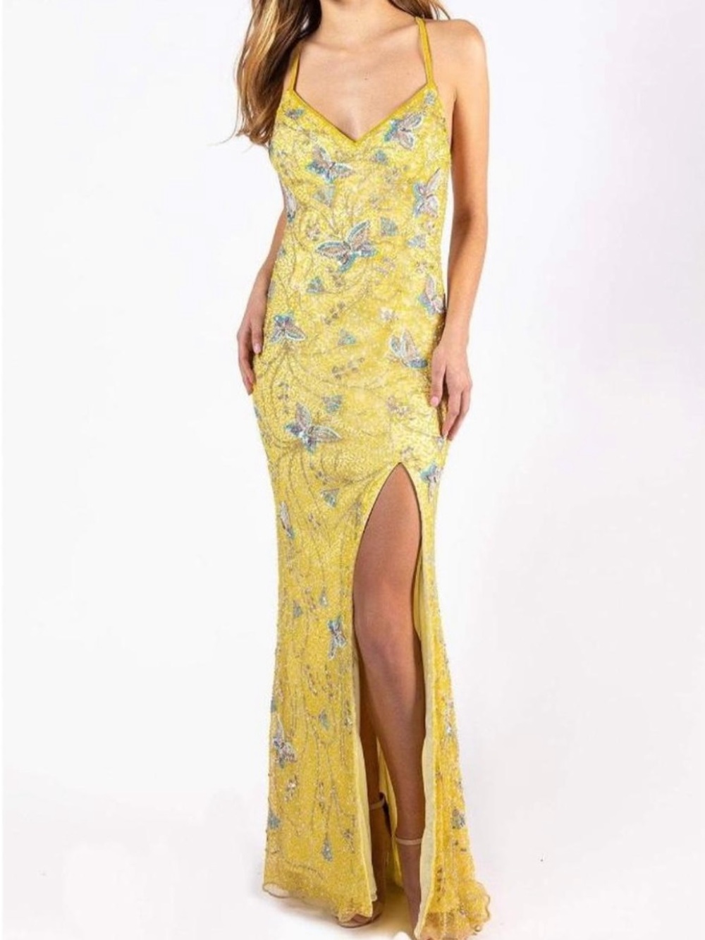 Primavera Couture Yellow Beaded Slip Maxi Dress with Thigh Slit